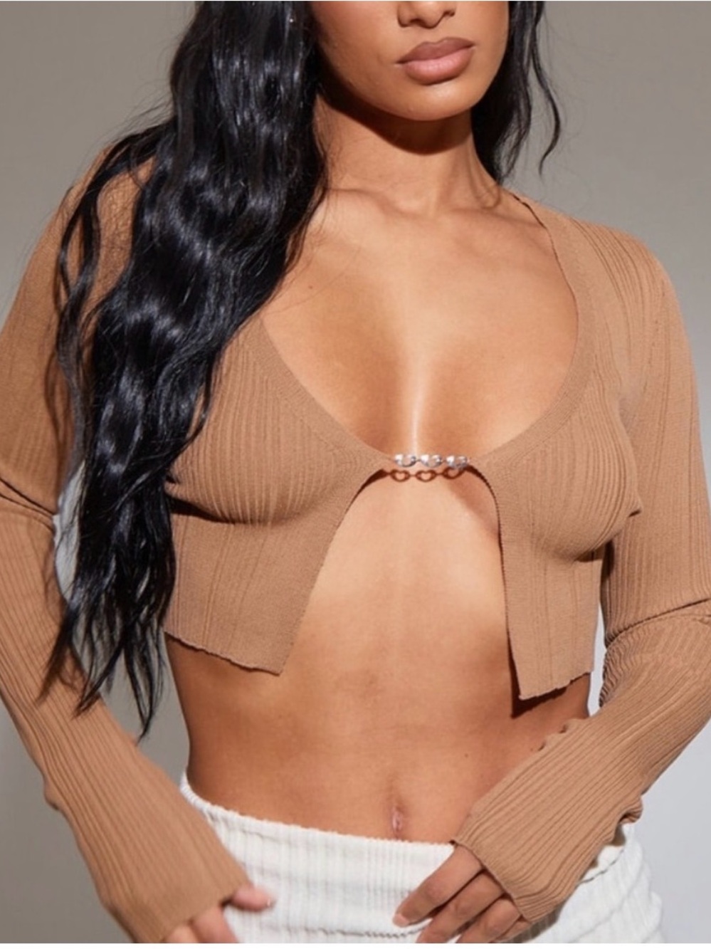 PrettyLittleThing Tan Ribbed Crop Cardigan with Clip Front